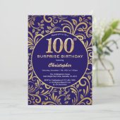 Surprise 100th Birthday Navy Blue en Gold Floral Kaart (Staand voorkant)