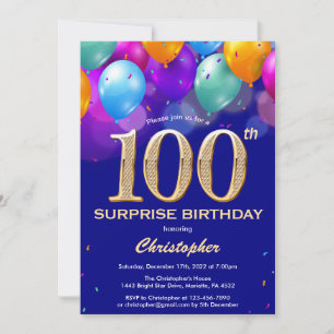 Surprise 100th Birthday Navy Blue Gold-ballonnen Kaart
