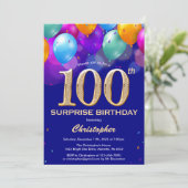 Surprise 100th Birthday Navy Blue Gold-ballonnen Kaart (Staand voorkant)