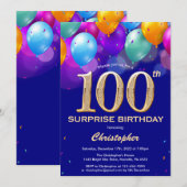 Surprise 100th Birthday Navy Blue Gold-ballonnen Kaart (Voorkant / Achterkant)