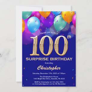 Surprise 100th Birthday Navy Blue Gold-ballonnen Kaart
