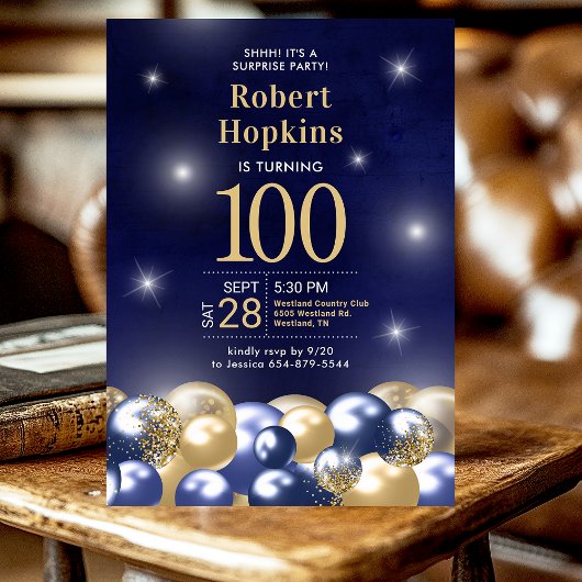 Surprise 100th Birthday Navy Blue Gold-ballonnen Kaart
