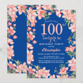 Surprise 100th Birthday Pink Floral Flowers Blue Kaart (Voorkant / Achterkant)