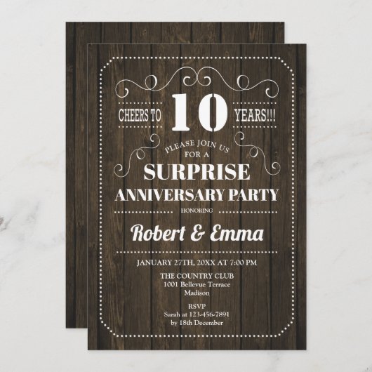 Surprise 10e verjaardagsfeest - Rustic hout Kaart (Voorkant / Achterkant)