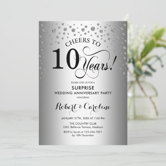 Surprise 10th Anniversary Party - Zilver Zwart Kaart (Staand voorkant)