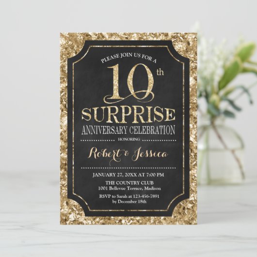 Surprise 10th Wedding Jubileum - Zwart Goud Kaart (Staand voorkant)