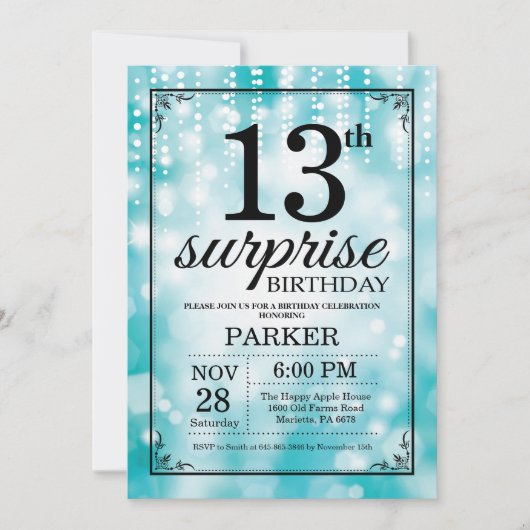 Surprise 13th Birthday Invitation Blauwgroen Glitt Kaart (Voorkant)