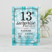 Surprise 13th Birthday Invitation Blauwgroen Glitt Kaart (Staand voorkant)