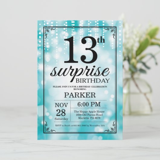 Surprise 13th Birthday Invitation Blauwgroen Glitt Kaart (Staand voorkant)