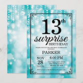 Surprise 13th Birthday Invitation Blauwgroen Glitt Kaart (Voorkant / Achterkant)