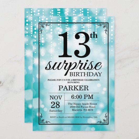 Surprise 13th Birthday Invitation Blauwgroen Glitt Kaart (Voorkant / Achterkant)