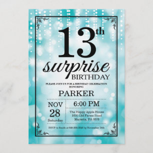 Surprise 13th Birthday Invitation Blauwgroen Glitt Kaart