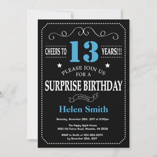 Surprise 13th Birthday Invitation Blue en Black Kaart (Voorkant)