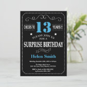 Surprise 13th Birthday Invitation Blue en Black Kaart (Staand voorkant)