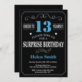 Surprise 13th Birthday Invitation Blue en Black Kaart (Voorkant / Achterkant)