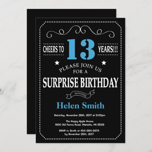 Surprise 13th Birthday Invitation Blue en Black Kaart (Voorkant / Achterkant)