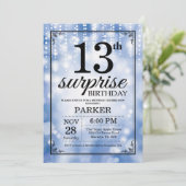 Surprise 13th Birthday Invitation Blue Glitter Kaart (Staand voorkant)