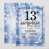 Surprise 13th Birthday Invitation Blue Glitter Kaart (Voorkant / Achterkant)