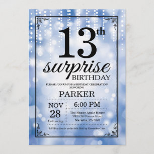 Surprise 13th Birthday Invitation Blue Glitter Kaart