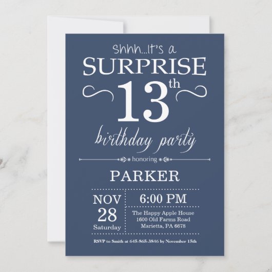 Surprise 13th Birthday Invitation Blue Kaart (Voorkant)