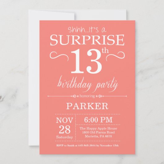 Surprise 13th Birthday Invitation Coral Kaart (Voorkant)