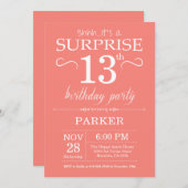Surprise 13th Birthday Invitation Coral Kaart (Voorkant / Achterkant)