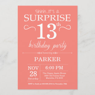 Surprise 13th Birthday Invitation Coral Kaart