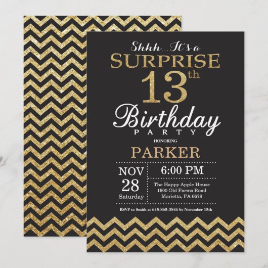 Surprise 13th Birthday Invitation Gold Glitter Kaart (Voorkant / Achterkant)