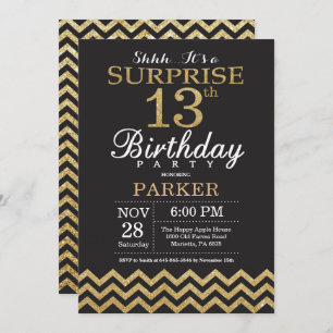Surprise 13th Birthday Invitation Gold Glitter Kaart