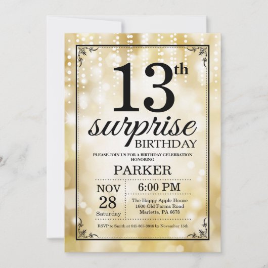 Surprise 13th Birthday Invitation Gold Glitter Kaart (Voorkant)