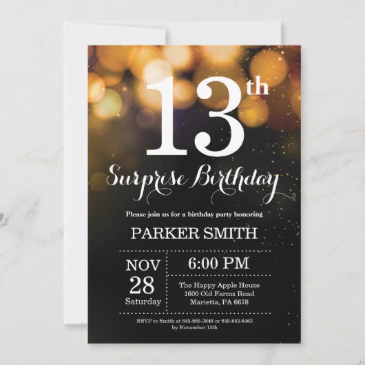 Surprise 13th Birthday Invitation Gold Glitter Kaart (Voorkant)