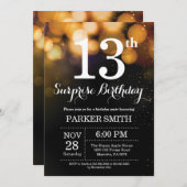 Surprise 13th Birthday Invitation Gold Glitter Kaart (Voorkant / Achterkant)