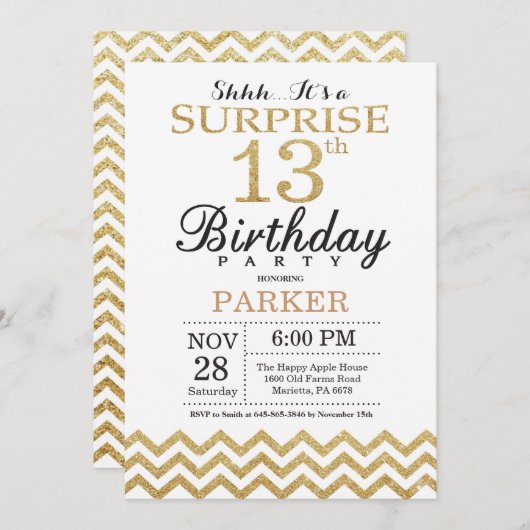 Surprise 13th Birthday Invitation Gold Glitter Kaart (Voorkant / Achterkant)
