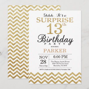 Surprise 13th Birthday Invitation Gold Glitter Kaart