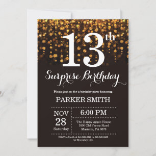 Surprise 13th Birthday Invitation Gold Glitter Kaart