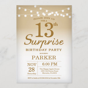 Surprise 13th Birthday Invitation Gold Kaart