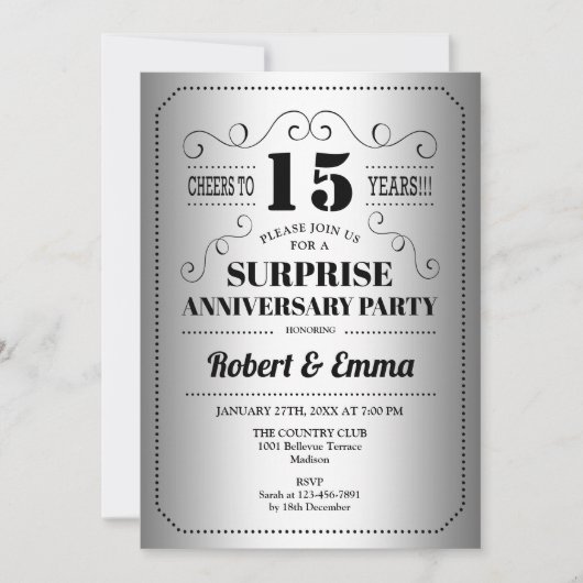 Surprise 15e verjaardagsfeest - Zwart Zilver Kaart (Voorkant)