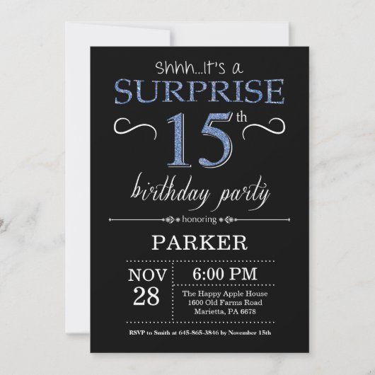 Surprise 15th Birthday Invitation Black and Blue Kaart (Voorkant)