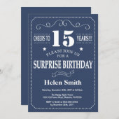 Surprise 15th Birthday Invitation Blue and White Kaart (Voorkant / Achterkant)