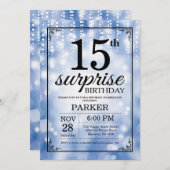 Surprise 15th Birthday Invitation Blue Glitter Kaart (Voorkant / Achterkant)