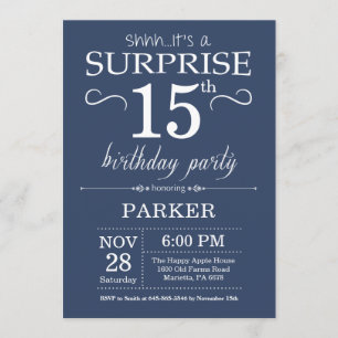 Surprise 15th Birthday Invitation Blue Kaart