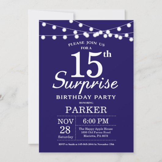 Surprise 15th Birthday Invitation Navy Blue Kaart (Voorkant)