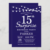 Surprise 15th Birthday Invitation Navy Blue Kaart (Voorkant / Achterkant)