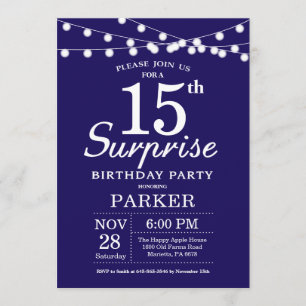 Surprise 15th Birthday Invitation Navy Blue Kaart