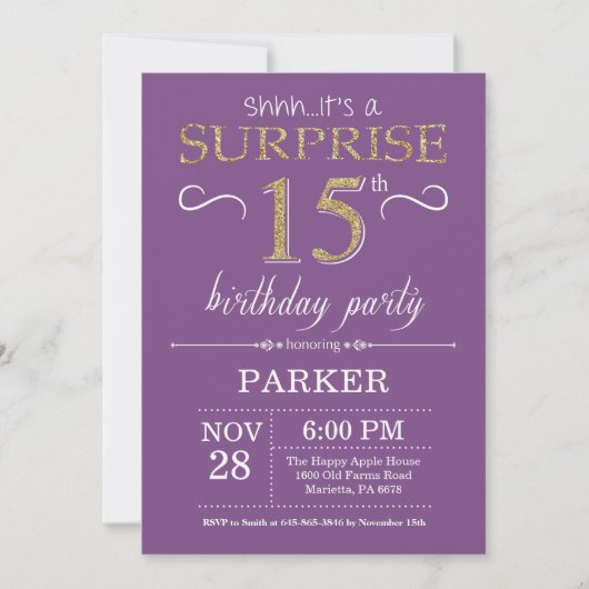 Surprise 15th Birthday Invitation Paars and Gold Kaart (Voorkant)
