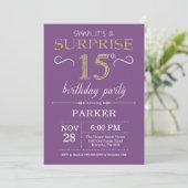Surprise 15th Birthday Invitation Paars and Gold Kaart (Staand voorkant)