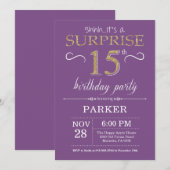 Surprise 15th Birthday Invitation Paars and Gold Kaart (Voorkant / Achterkant)