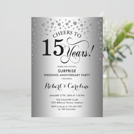 Surprise 15th Jubileum Party - Zilver Zwart Kaart (Staand voorkant)