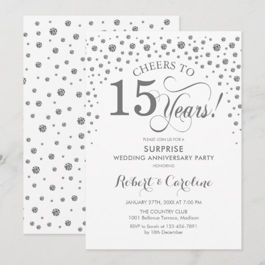 Surprise 15th Jubileum Party - Zilverwit Kaart (Voorkant / Achterkant)