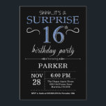 Surprise 16th Birthday Invitation Black and Blue Kaart<br><div class="desc">Verrassend 16e verjaardag Uitnodiging met Zwarte en Blauwe Glitter Achtergrond. Chalkboard. Kinderen van afgelopen dag. Jongen of meisjes Lady Teen Teenage Bday Invite. Elke leeftijd. Voor verdere aanpassing,  te klikken gelieve de knoop "van de Aanpassing het"en ons ontwerphulpmiddel te gebruiken om deze sjabloon te wijzigen.</div>